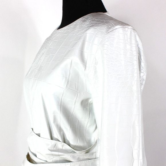 MSGM Abito Faux Leather Dress NEW Croc Embossed Tie Sash Belted White Mini Sz M - Picture 4 of 9